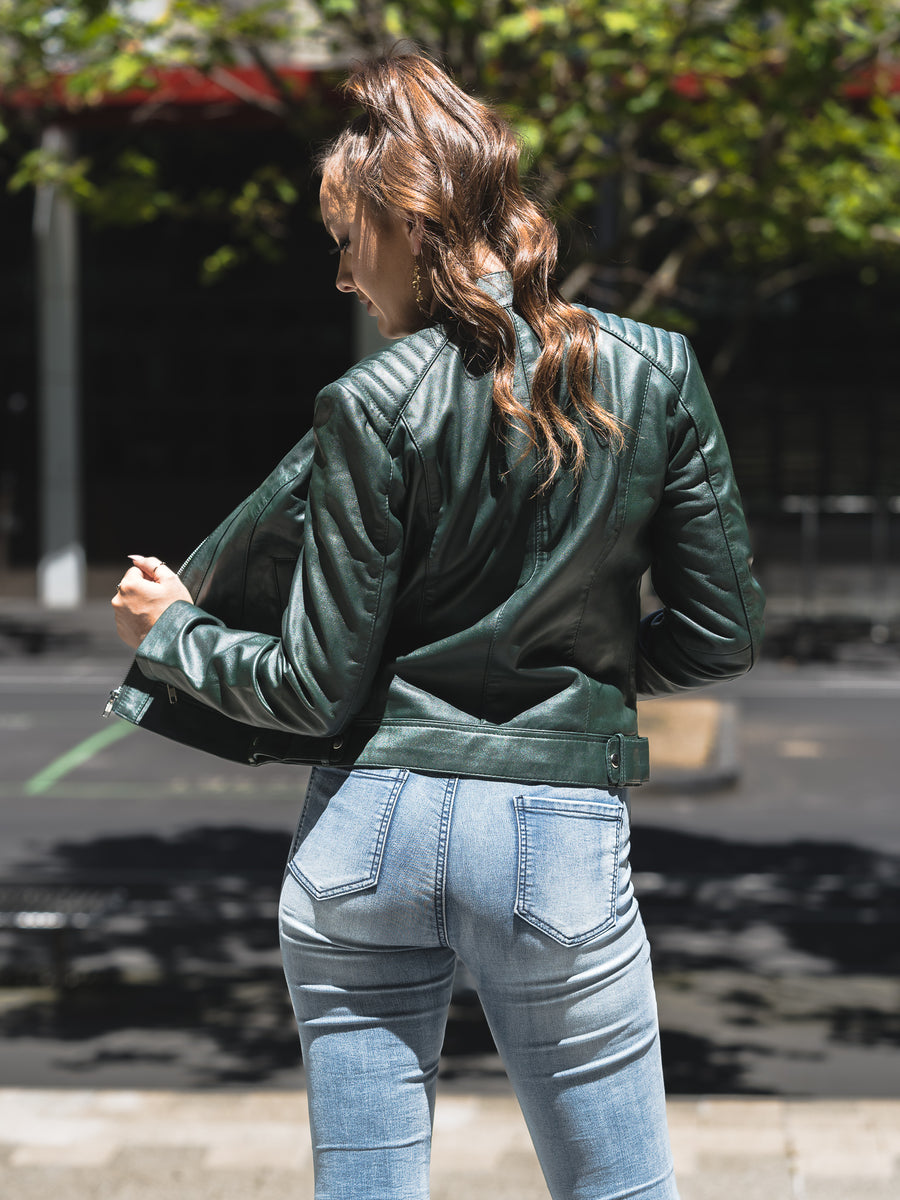 AVIVA BOTTLE GREEN LEATHER JACKET