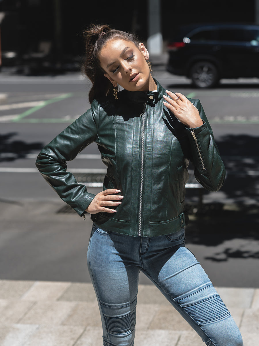 AVIVA BOTTLE GREEN LEATHER JACKET