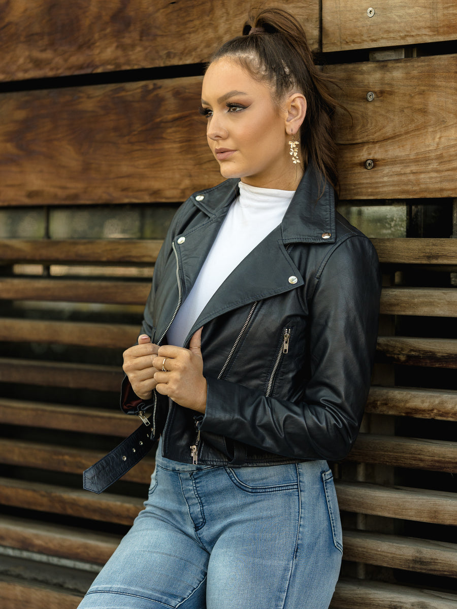 ELLA BELTED BLACK LEATHER JACKET