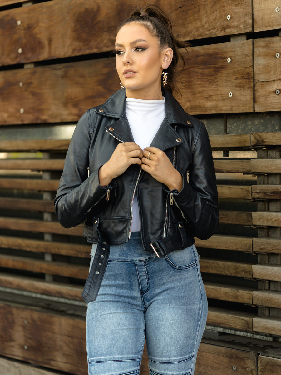 ELLA BELTED BLACK LEATHER JACKET