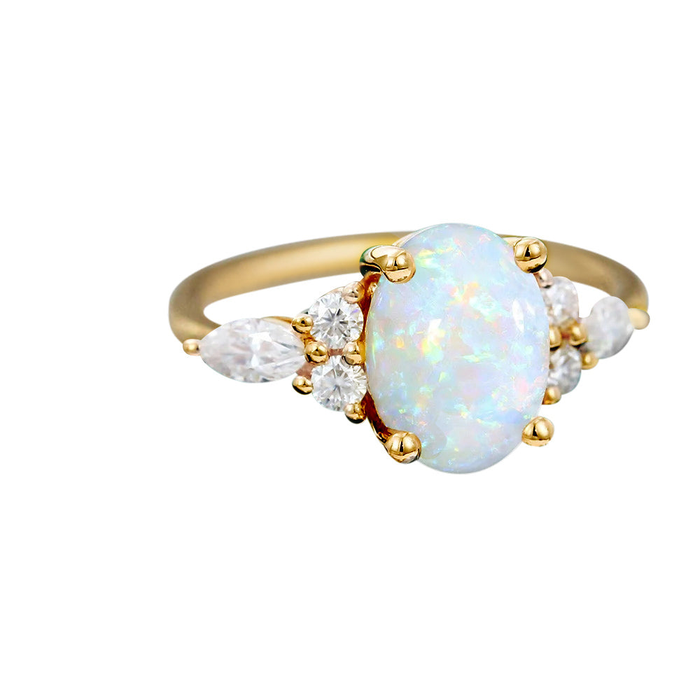 Oval Cut Natural Opal Ring with moissanite on both sides