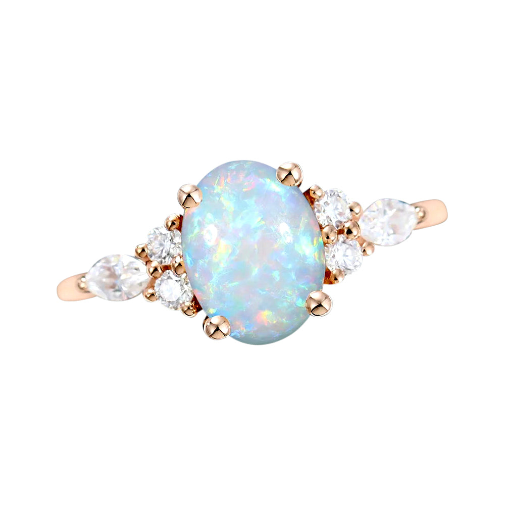 Oval Cut Natural Opal Ring with moissanite on both sides