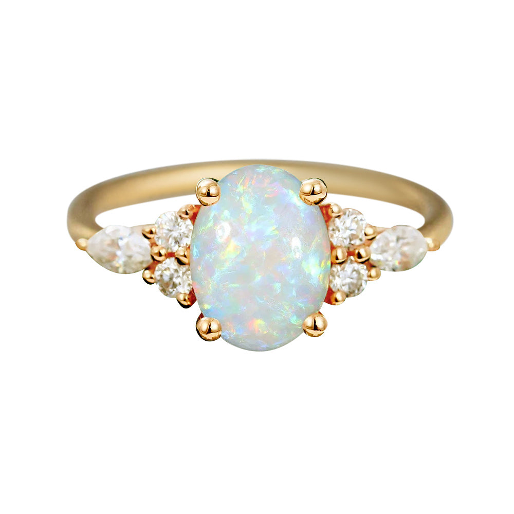 Oval Cut Natural Opal Ring with moissanite on both sides