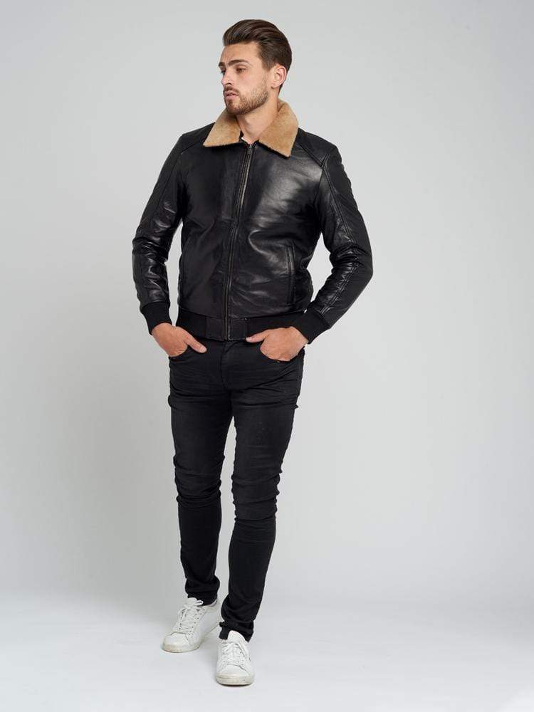 JOSE BLACK FUR COLLARED LEATHER JACKET