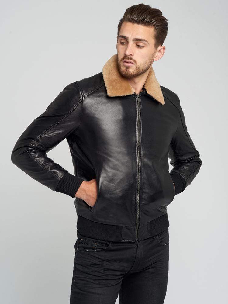 JOSE BLACK FUR COLLARED LEATHER JACKET