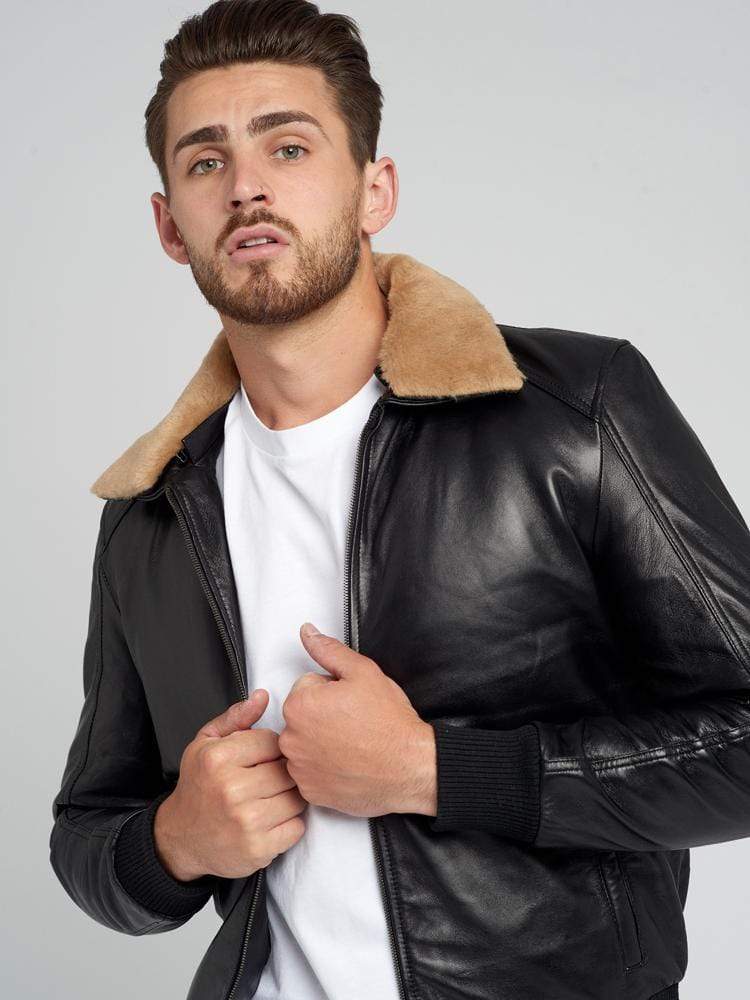 JOSE BLACK FUR COLLARED LEATHER JACKET