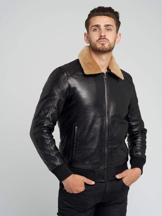 JOSE BLACK FUR COLLARED LEATHER JACKET