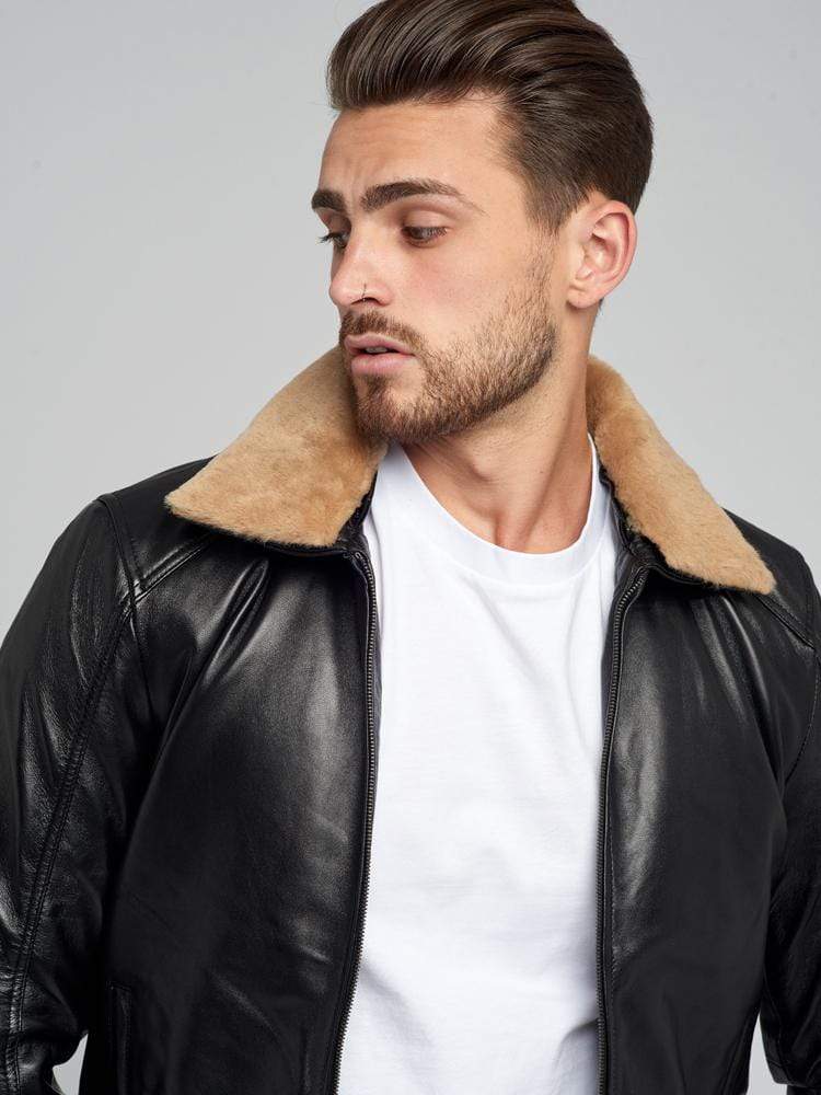 JOSE BLACK FUR COLLARED LEATHER JACKET