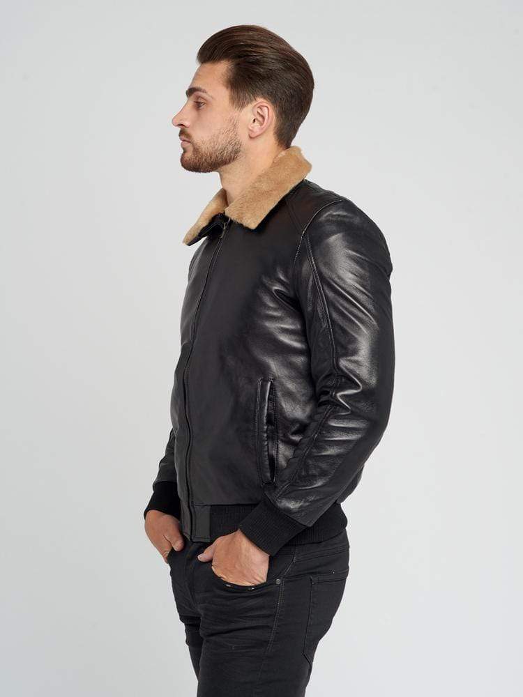 JOSE BLACK FUR COLLARED LEATHER JACKET