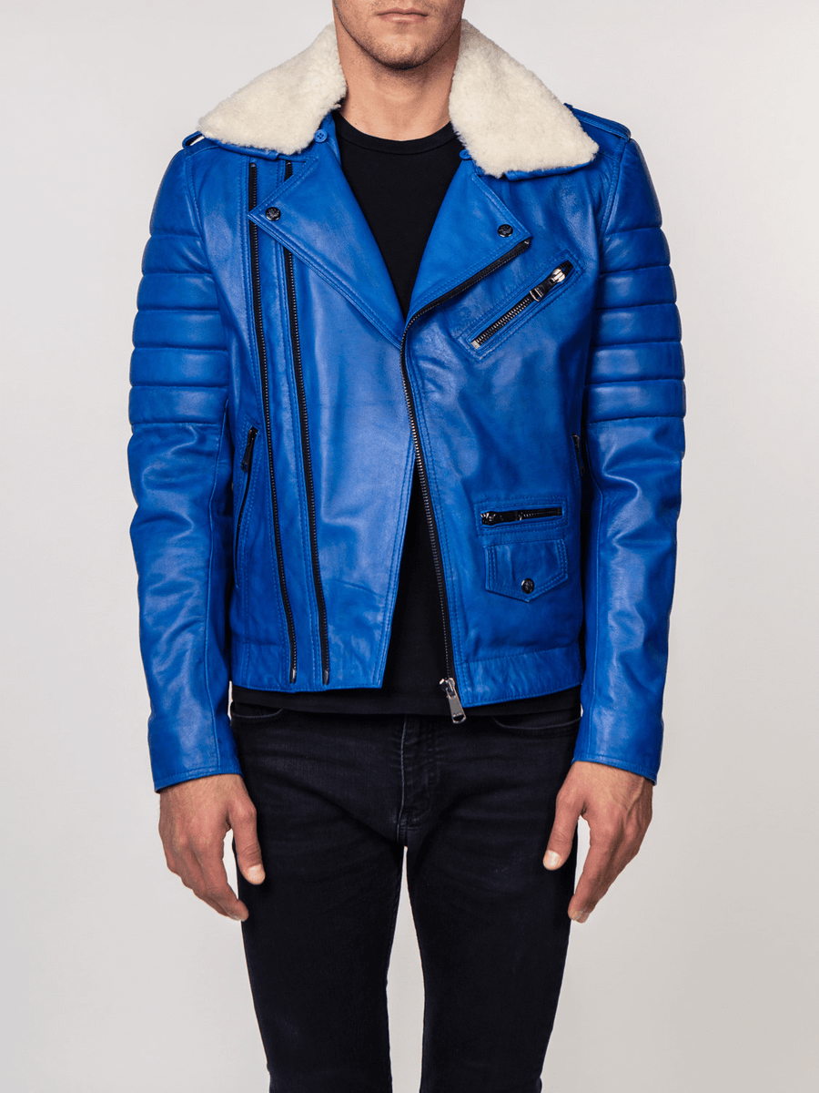 JOSE BLUE FUR COLLARED LEATHER JACKET