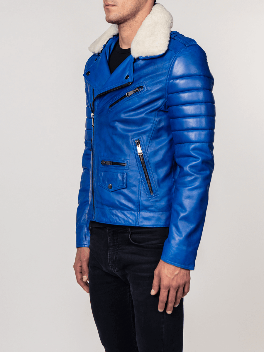 JOSE BLUE FUR COLLARED LEATHER JACKET