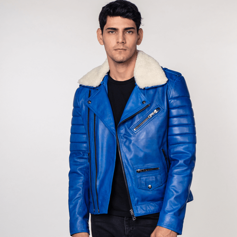 JOSE BLUE FUR COLLARED LEATHER JACKET