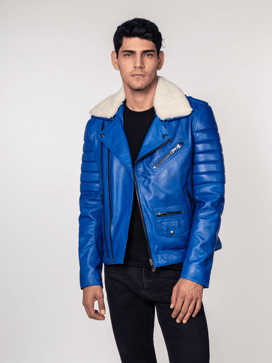 JOSE BLUE FUR COLLARED LEATHER JACKET