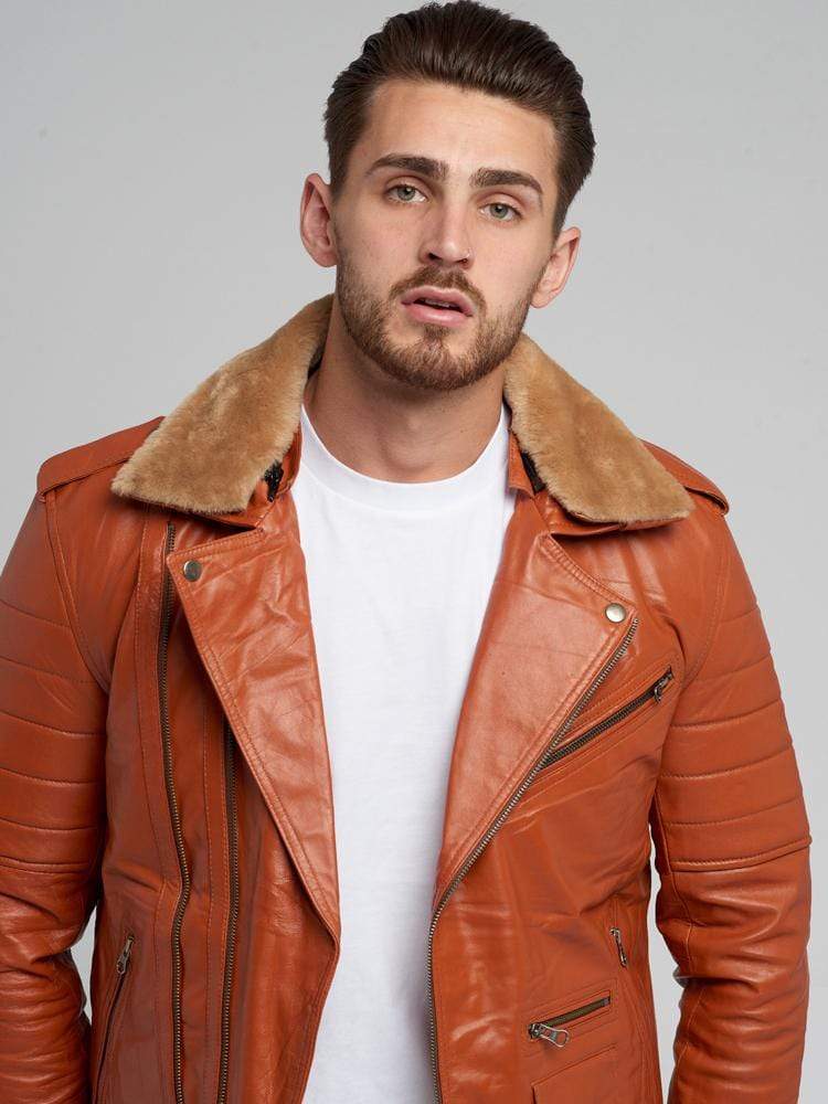 JOSE COGNAC FUR COLLARED LEATHER JACKET