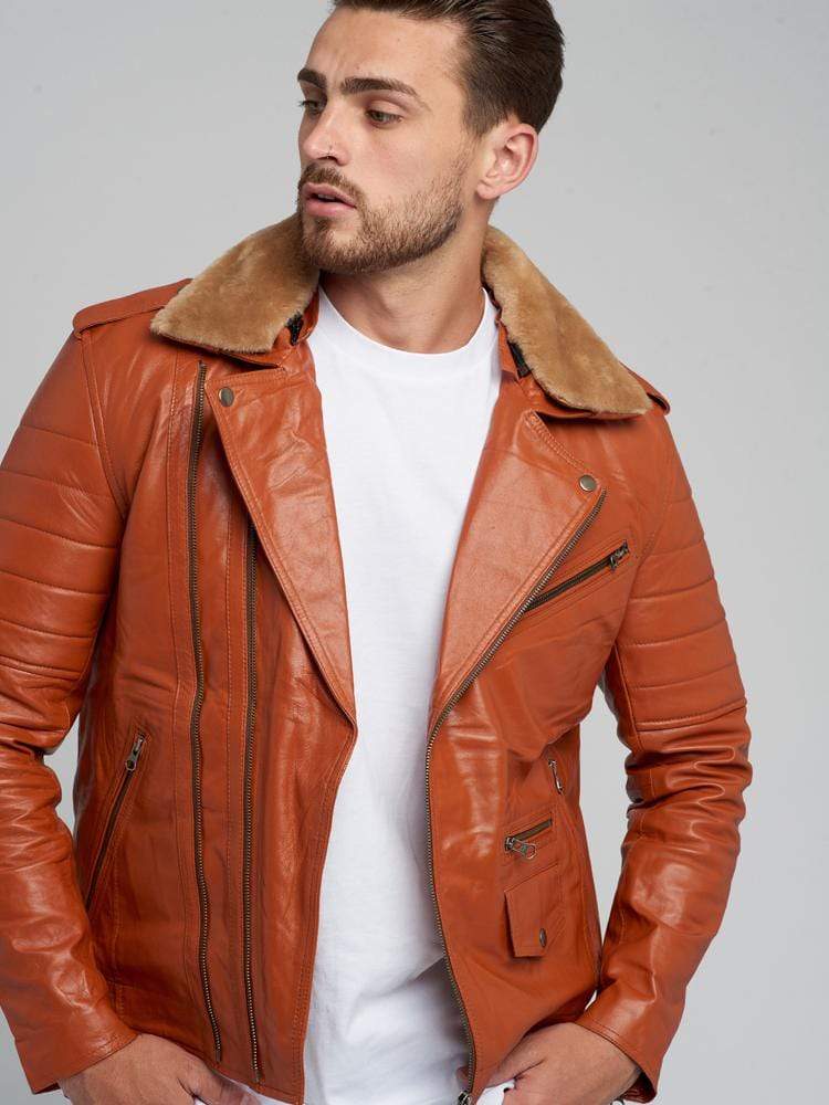 JOSE COGNAC FUR COLLARED LEATHER JACKET