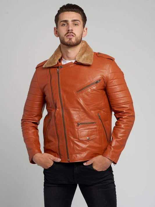 JOSE COGNAC FUR COLLARED LEATHER JACKET