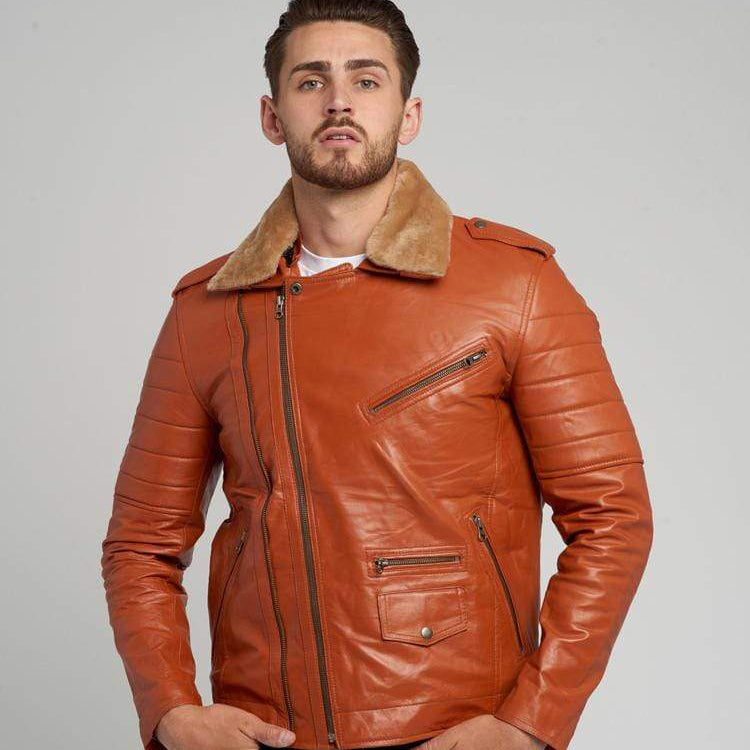 JOSE COGNAC FUR COLLARED LEATHER JACKET