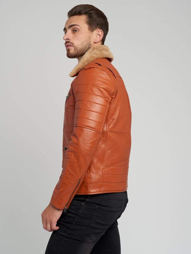 JOSE COGNAC FUR COLLARED LEATHER JACKET