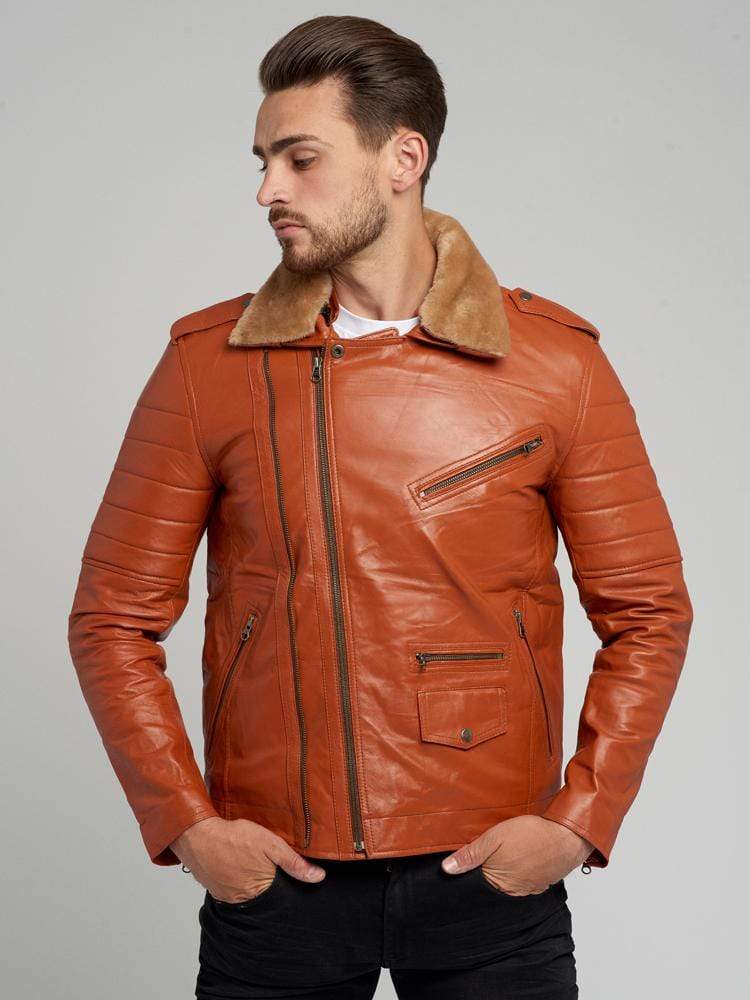 JOSE COGNAC FUR COLLARED LEATHER JACKET