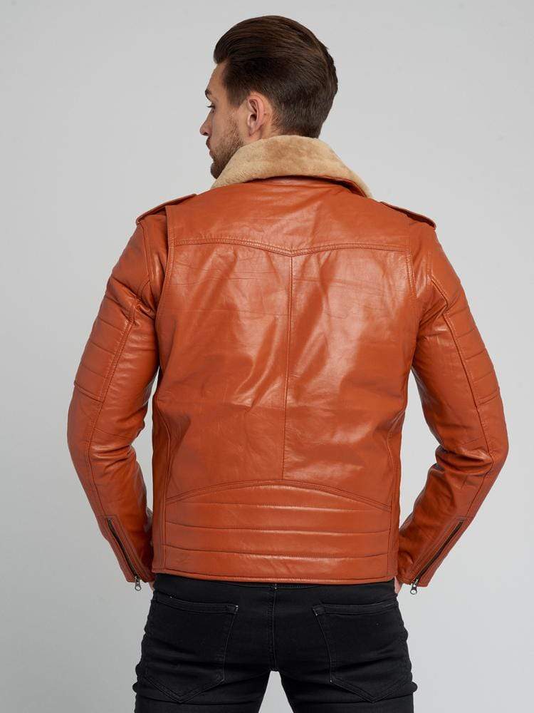 JOSE COGNAC FUR COLLARED LEATHER JACKET