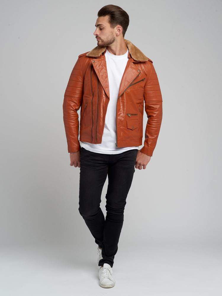 JOSE COGNAC FUR COLLARED LEATHER JACKET