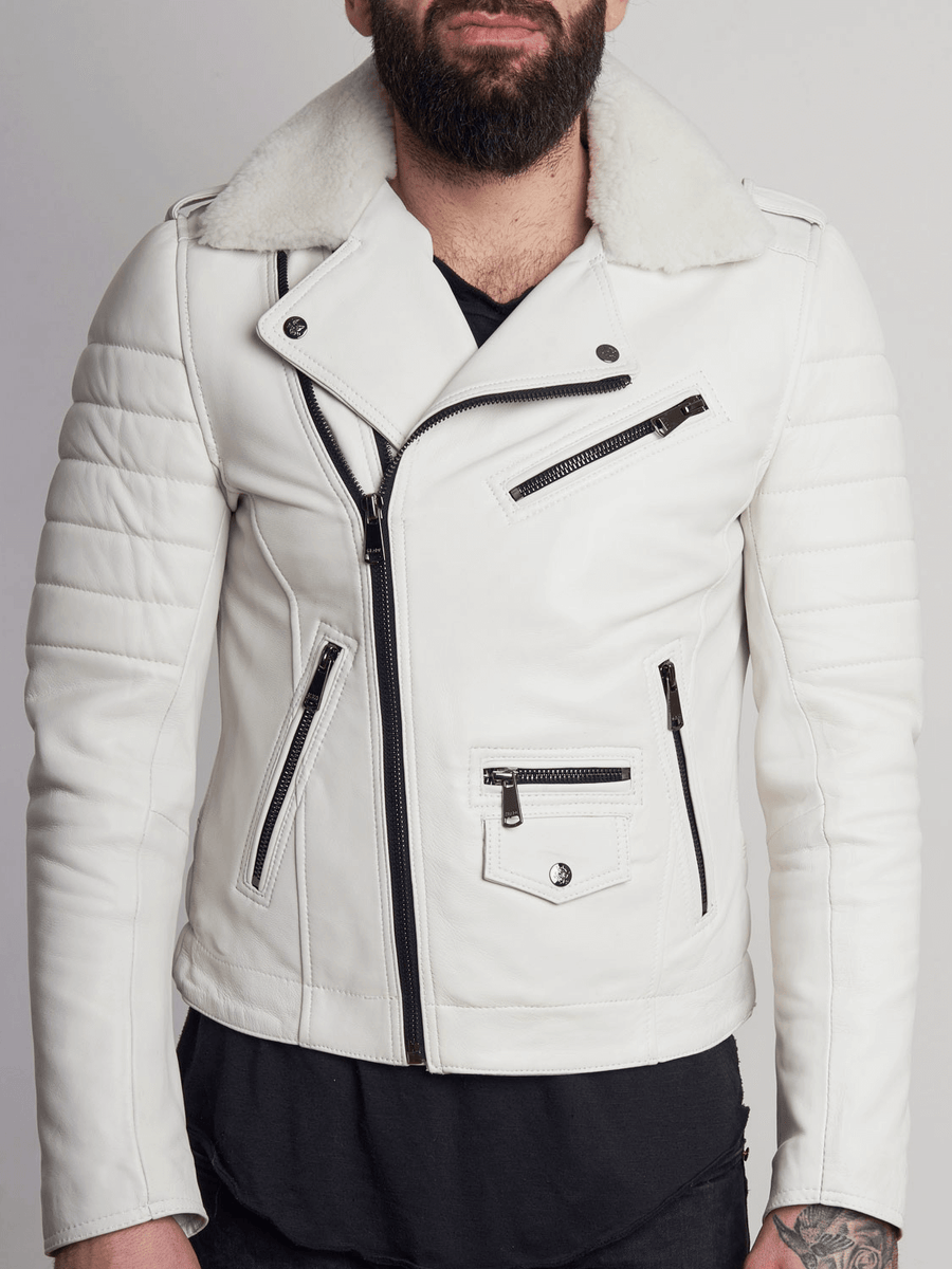 JOSE WHITE FUR COLLARED LEATHER JACKET